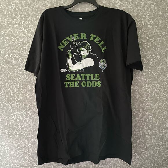 Fanatics NWT Black Star Wars MLS Seattle Sounders T-Shirt - Size 2XL - Han Solo - Picture 1 of 6